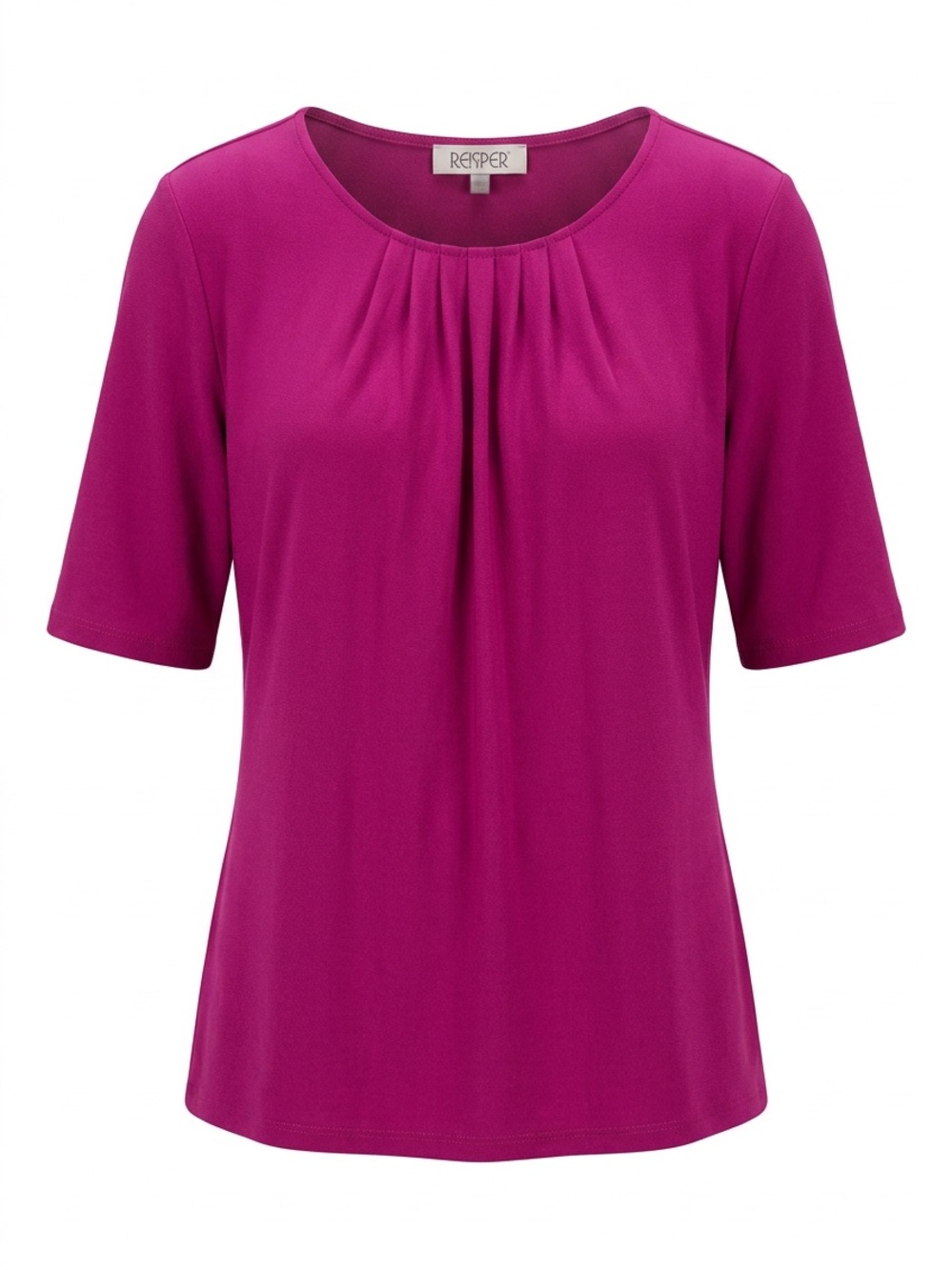 Kasper Short-Sleeve Pleated Neck Top — Magenta